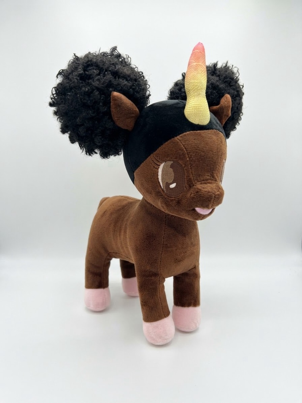 Brown Unicorn Plush with Pink Hooves and Rainbow Horn